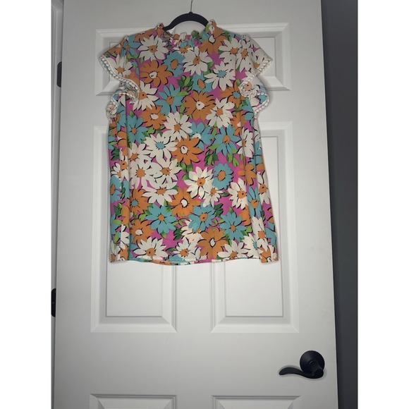 Lovely Melody Tops - Lovely Melody Flutter Sleeve Mock Neck Blouse Xl Orange Green Pink Multi Floral